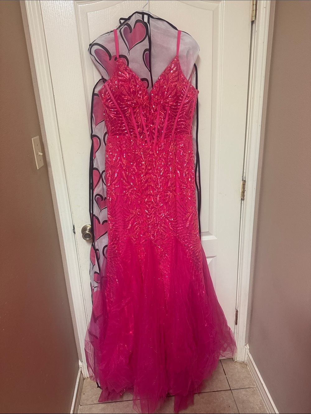 Hot Pink Sequin Tulle Prom Dress with Spaghetti Straps